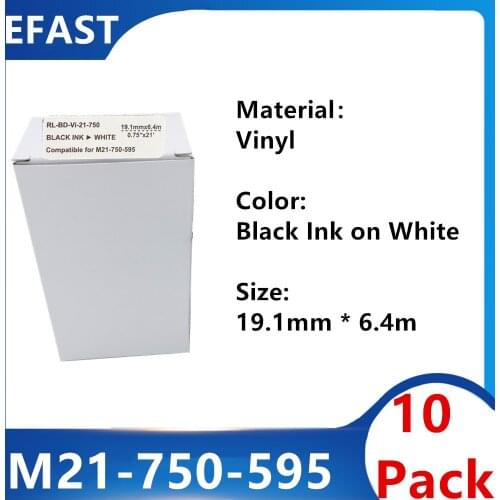 10 Pack M21 750 595 Vinyl Label Ribbon Black On white For BMP21 PLUS BMP21 LAB Printer Label Maker 19.1mm * 6.4m