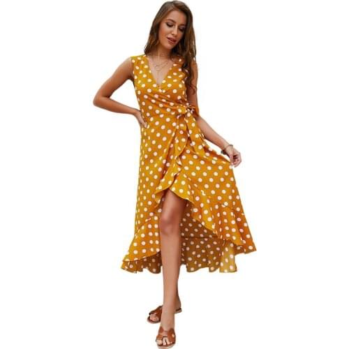 2019 Boho Polka Dot Beach Dress Women Summer Long Chiffon Dresses Sexy V-Neck Wrap Bodycon Party Maxi Dress Ruffles Robe XQ118