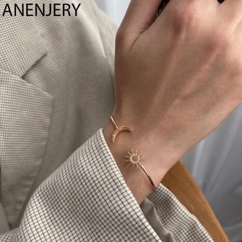 ANENJERY 925 Sterling Silver Shining Star Moon Brcacelet Bangles For Women Niche Design Adjustable Hand Jewelry Best Gift S-B538
