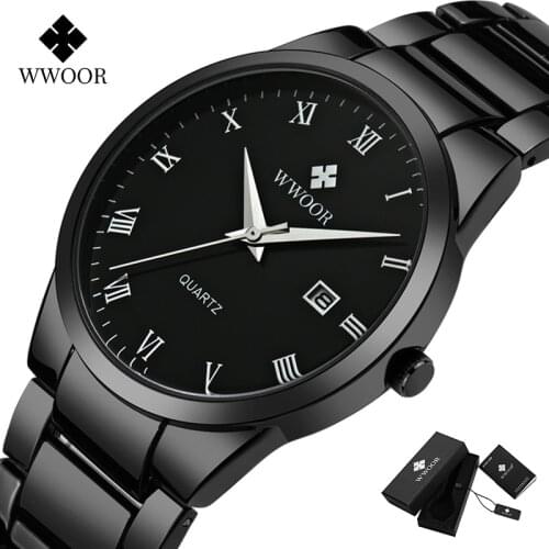 WWOOR Casual Business Wrist Watch Men Top Luxury Full Black Quartz Watches Mens Waterproof Stainless Steel Date Clock Male 2020