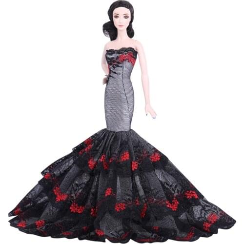 Elegant Off-Shoulder Black Floral Dress for Barbie Doll Clothes Accessory Party Gown Princess Mermaid Vestido Dollhouse Toy 1/6