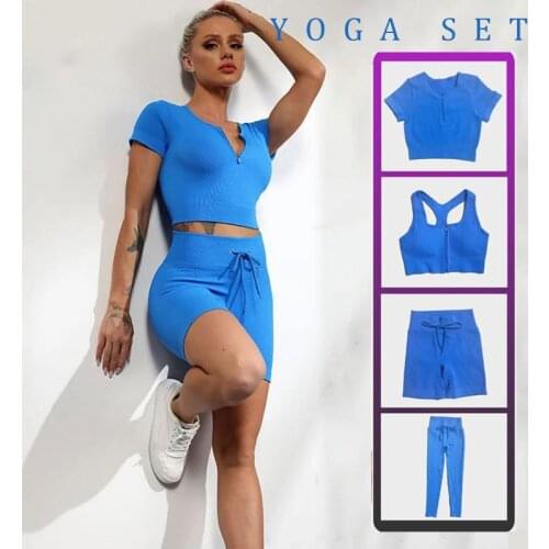 Zipper Yoga Set Seamless Drawstring Sports Suit Women Workout Ribbed Gym Fitness U-Shaped 2/4 PCS Sportswear