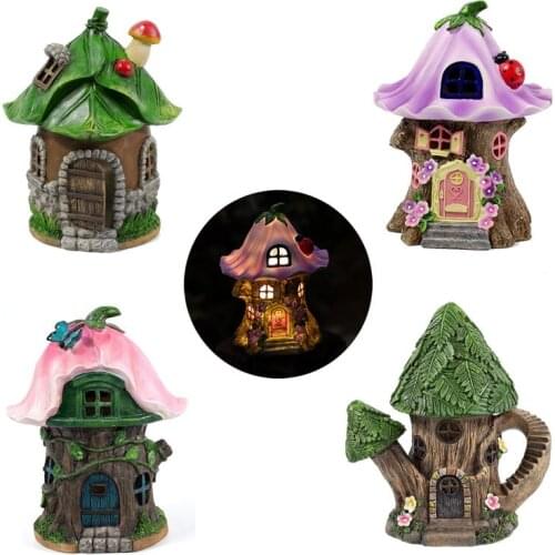 Creative Garden Resin Elf House Statue With Solar Night Light Indoor Outdoor Home Office Garden Party Decoration Ornament Gift
