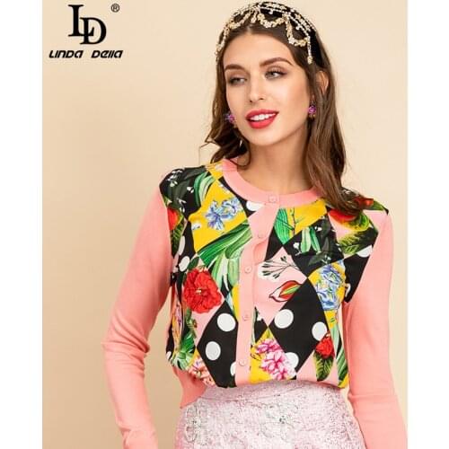 LD LINDA DELLA New 2021 Fashion Designer Spring Summer Pink Knitting Tops Women Long sleeve Floral print Cardigan Silk Sweaters