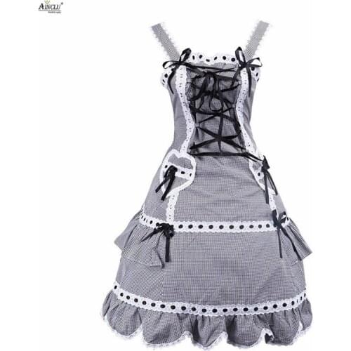 2018 Hot Selling Ainclu Ladys Black&White Gird Sleeveles Cotton Classic Cute Girls Lolita Dress Cosplay Costume Birthday Party