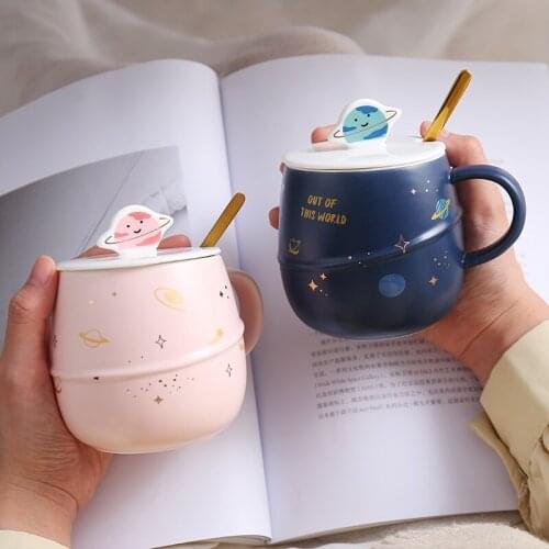 Cartoon Japanese planet cup ceramic mug with lid spoon water cup cute girl heart cup couple breakfast cup