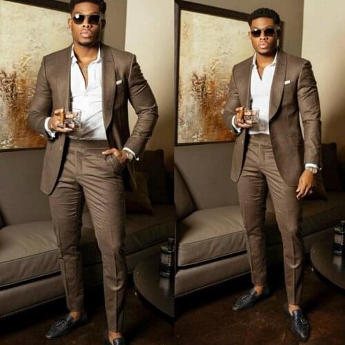 Handsome Casual Brown Men Wedding Tuxedo Groom Suits Shawl Lapel Slim Fit One Button Business Prom Party Blazer (Jacket+Pants)