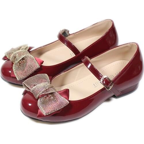 New Girls Princess Shoes Baby Fashion Bow Toddler Student Party Dance Shoe Kids Low-Heeled Leather Shoes Pink Red EUR 25-34