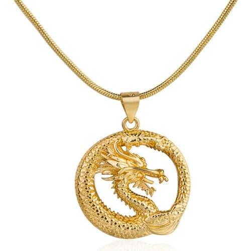 FYSL Light Yellow Gold Color Metal Chinese Dragon Pendant Link Chain Necklace Attractive Design Jewelry