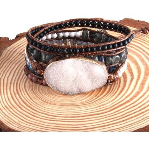 RH Fashion Bohemia Jewelry Beaded Armbander Big White Druzy Natural Charm 5 Strands Wrap Bracelets Dropship