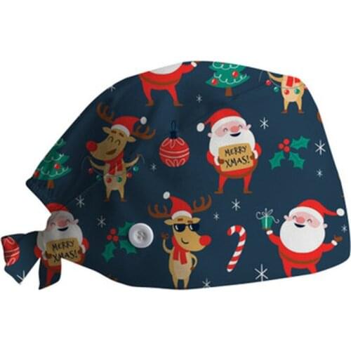 Christmas Scrub Caps with Buttons Working Hats Cartoon Printed Breathable Bandage Hats Laboratory Beauty Salon Nuring Caps