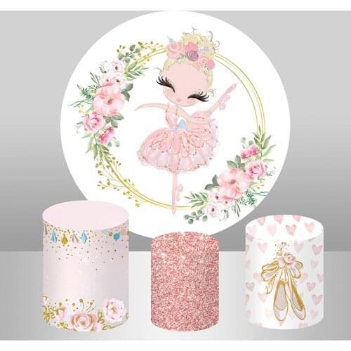 Pink Ballerina Wreath Circle Background for Girl Birthday Party Decor Banner Candy Table Cylinder Covers Ballet Round Backdrop