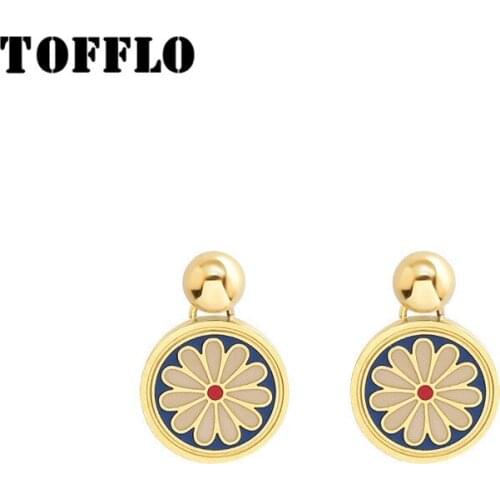 TOFFLO Stainless Steel Jewelry Retro Enamel Lnk Blue Daisy Flower Earrings Fashion Drop Earrings For Women BSF327