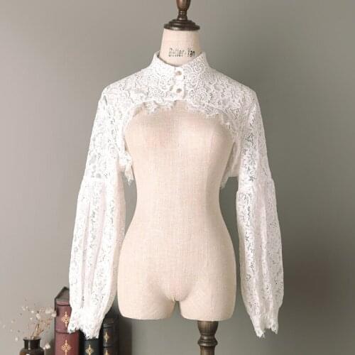 2021 Fashion Women Puff Long Sleeve Lapel Half Top Blouse Hollow Out Floral Lace Detachable False Fake Collar Clothes Accessory