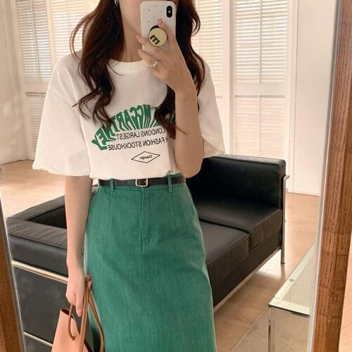 Alien Kitty 2021 Summer Women Suit Hot Korean White O Neck Printed T-Shirt Vintage Green Fashion A-Line Skirt Two-Piece Sets