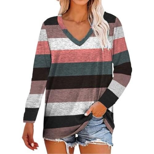 Womens Fashion Trend V-Neck Long Sleeve Tops Casual Basic Stripe Pullover Autumn Loose Large Size All-match Ladies T-Shirt
