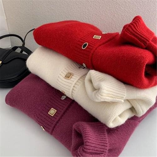 Autumn Winter Korean Fashion Female Tops Cardigans Sweaters Outerwear Women Cardigan Sweater Top Red White Knitted Sweater Coat