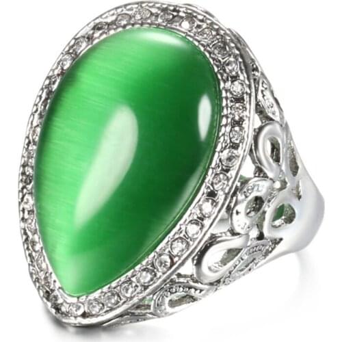 Antique Silver Plated Water Drop Green Opalite Opal Finger Ring with Rhinestone for Women Jewelry