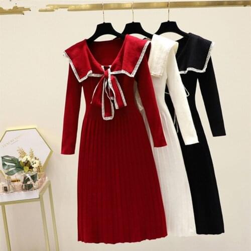 Autumn Winter New Warm Knitted Pullover Long Dresses Women Sailor collar Lace Trim Bow Collar Long Sleeve Pleated Sweater Dress