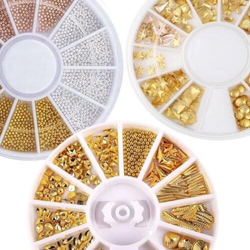 1 Box Rose Gold Rivet Nail Studs 3D Design Mixed Gold Metal Slice/Steel Beads/Rhinestone In Wheel For DIY Nail Art Decoration