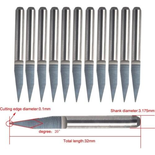 10pcs CNC 3.175 tools Carbide PCB Engraving Bit Router Tool 20 Degree 0.1mm Tip Cutting Knife Carbide Carving Cutters CNC Router