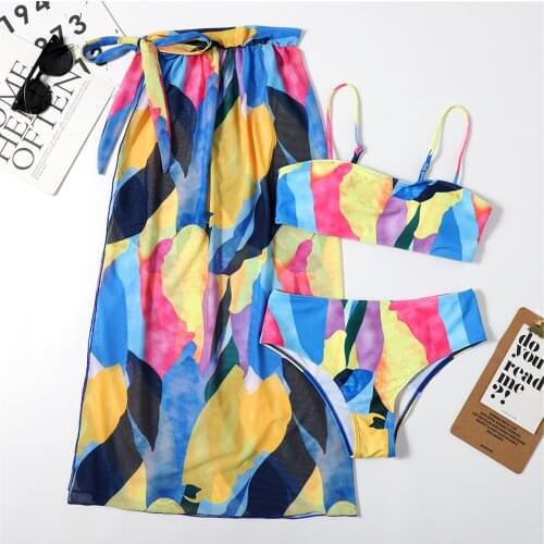 3 Piece Swimsuits for Women Bikini Set Printing Push Up Bikini Top High Waisted Bottoms Sarong Swimsuit Cover Ups