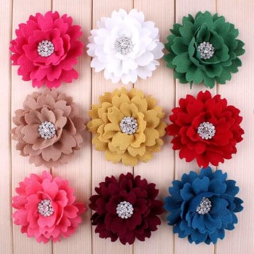 5pcs/lot 3.5" 9 Colors Vintage Artificial Fabric Winter Hair Flowers With Bling Alloy Rhinestone Button For Women Accessories