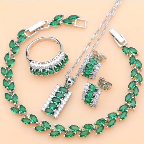 925 Silver Jewelry Oval Green Created Emerald White CZ Jewelry Sets for Women Earrings/Pendant/Necklace/Rings/Bracelet T225