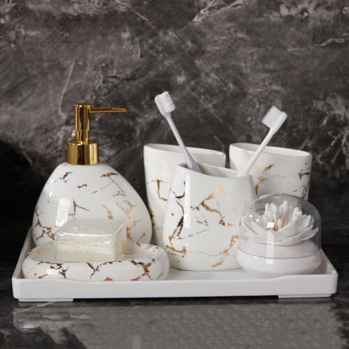 White Marble Texture Bathroom Supplies Toothpaste Dispenser Toothbrush Holder Cotton Swab Box Bathroom Decoration Accessories