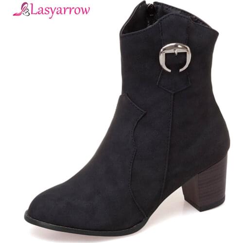 Lasyarrow 2019 New Winter Womens Shoes Block High Heel Brown Purple Zipper Buckle Sewing Ladies Ankle Boots Female Booties J1032