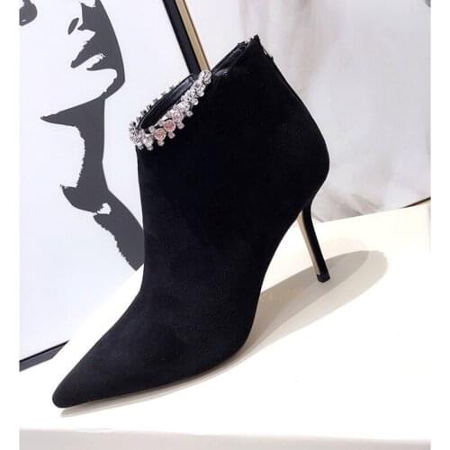Elegant Crystal Ankle Boots Black Suede Stiletto Heels Pointed Toe Dress Shoes Low Heels Zipper Fashion Celebrating Party Shoes