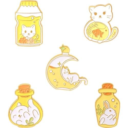 Animal Magic Bottle Enamel Pins Custom Cats Rabbit Brooches Lapel Badge Yellow White Cartoon Jewelry For Friends
