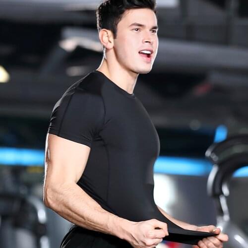 Fitness Suit Men High Stretch Tight Speed Dry T-shirt Running Sport Short Sleeve Workout Shirt Gym Shirt Polyester Sport Tops