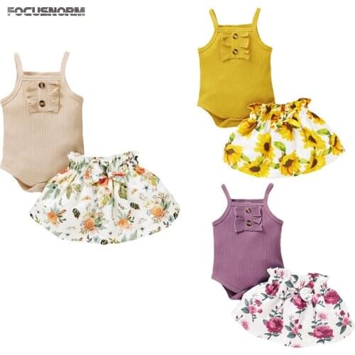 FOCUSNORM 0-18M Newly Summer Girls Clothes Sets Ruffles Sleeveless Solid Romper Sunflowers Skirts 2pcs