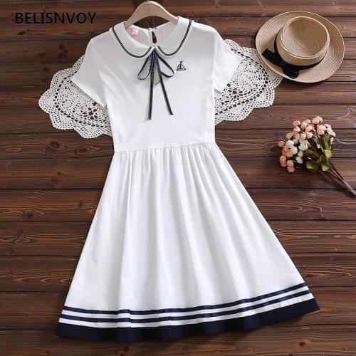 Summer College Style Women Sundress Peter Pan Collar Ribbon Embroidery Dress Girls Japan JK Short Sleeve Cosplay Uniform Dress