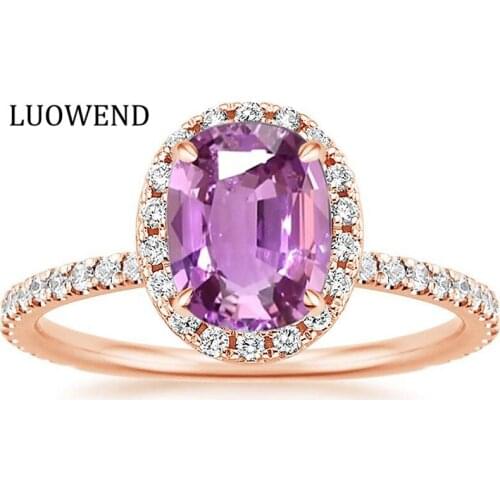 LUOWEND 18K Rose Gold Ring Natural Pink Sapphire Jewelry Oval/Rectangle Pear Shape Design Diamond Ring Gemstone for Elegant Lady