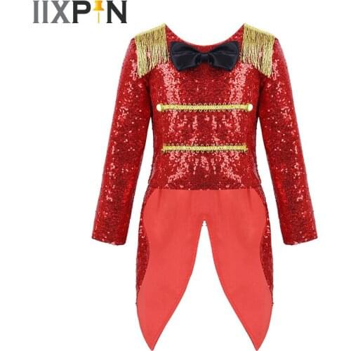 Girls Halloween Party Ringmaster Circus Cosplay Costume Long Sleeves Shiny Sequins Bowtie Fringe Swallow-Tailed Coat Role Play