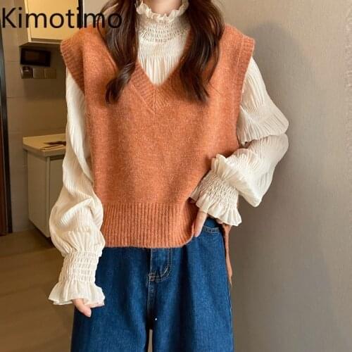 Kimotimo Solid V-neck Sweater Vest Women Autumn Fashion Outwear Sleeveless Waistcoat Pullover Korean Ins All-match Knitted Vests
