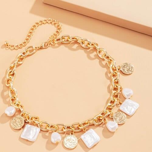 Baroque Irregular Pearl Necklace for Women Coins Flat Limitation Pearl Pendant Choker Necklace Thick Chain Neck Jewelry Bohemian