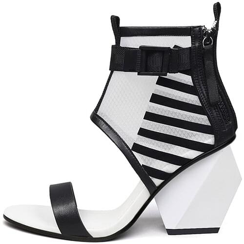 Net yarn patchwork round toe 8.5cm super high strange style heel open toe zipper white black fashion lady sandals HL345 MUYISEXI
