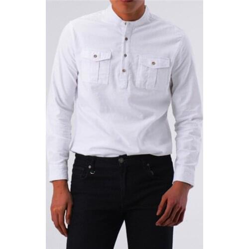 Cotton Long Sleeve Shirt Solid Slims Fit Male Social Casual Business White Black Dress Shirt Mens Baggy Cotton Linen Shirt Hot