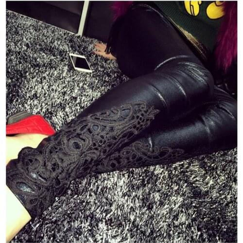S-5XL Leggings Feminino Faux Leather Women Lace Decoration High Waist Black Jeggings Thin Leggins Plus Size 5XL 4XL 3XL Xxl
