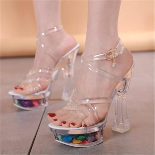 Sexy model 14-18 cm high crystal square sandals, female summer waterproof platform non-slip platform sexy sandals