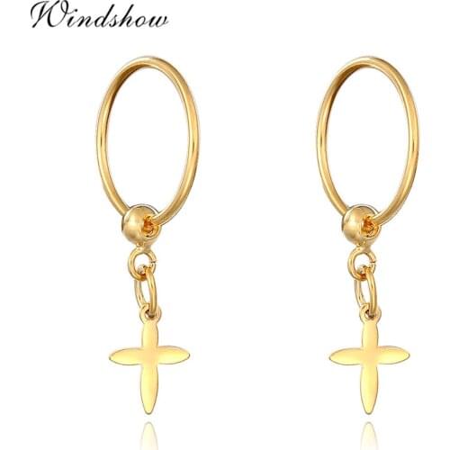 Small Yellow Gold Color Lucky Cross Charm Pendant Huggies Hoop Earrings Piercing Jewelry For Kids Baby Girls Women