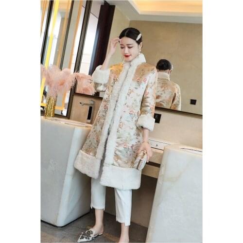 Traditional Chinese Tang style embroidered big size long winter cotton lining warm jacket outwear with rabbit fur for women
