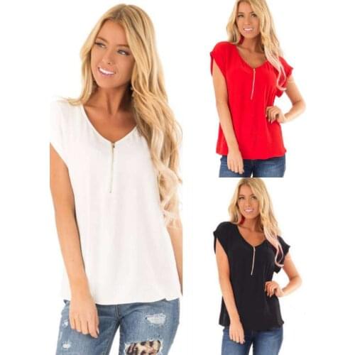 Womens Zip V Neck Short Sleeve t Shirt Ladies Casual Loose Plain Tops Tee New
