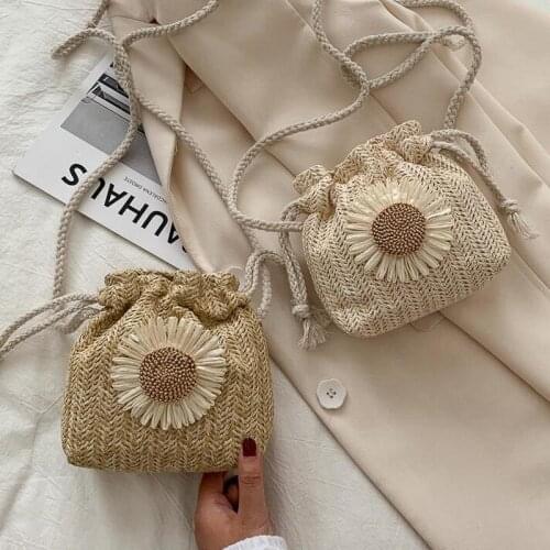 Creative Design Women Beach Straw Bags Classic Texture Chic Sunflower Drawstring Woven Bucket Crossbody Shoulder Messenger Pouch