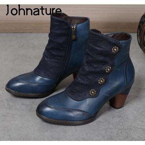 Johnature Patchwork Shoes Women Boots Genuine Leather Cloth 2021 New Winter Retro Handmade Concise Round Toe Platform Boots