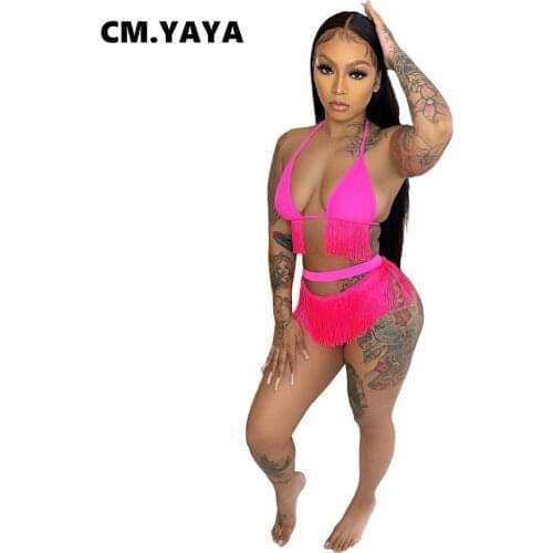 CM.YAYA Women Bikinis Set Solid Tassel Fringe Bandage Bra Tops and Shorts Two 2 Piece Sets Sexy Swimsuit Summer Beachwear Outfit