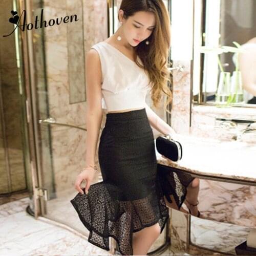 2 Piece Set Women Suit 2019 Summer White Sleeveless Chiffon Shirt Tops and Black Lace Mermaid Skirts Crop Top and Skirt Vestidos